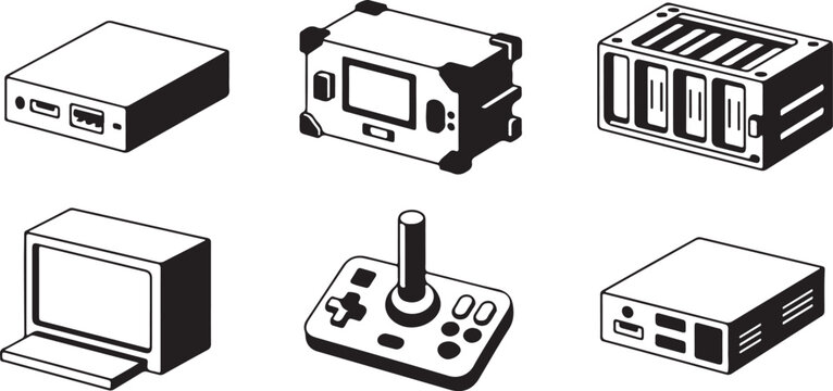 Retro computer hardware and gaming accessories like joysticks, monitors, storage devices and consoles.