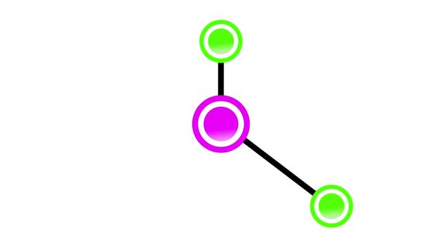 Animated network connection diagram on white background. Colorful pink and green circles connected by lines representing a molecule or mind map.