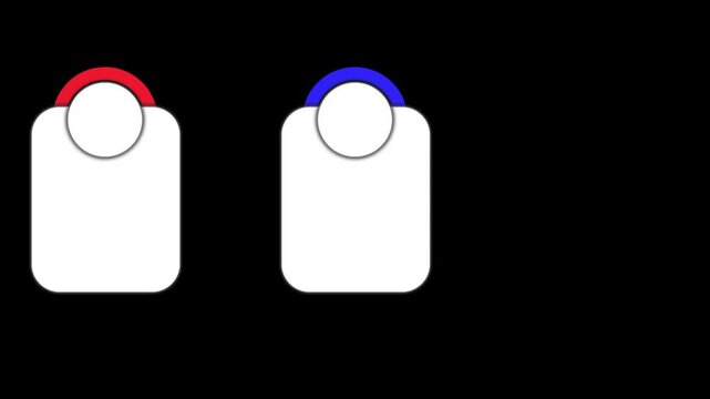 Three vertical infographic pricing plans or profile cards animating on a black background with red, blue, and green accents.