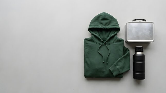 Minimalist flat lay of green hoodie, metal lunchbox, and black thermos on neutral background. Casual apparel and travel essentials for work or school.