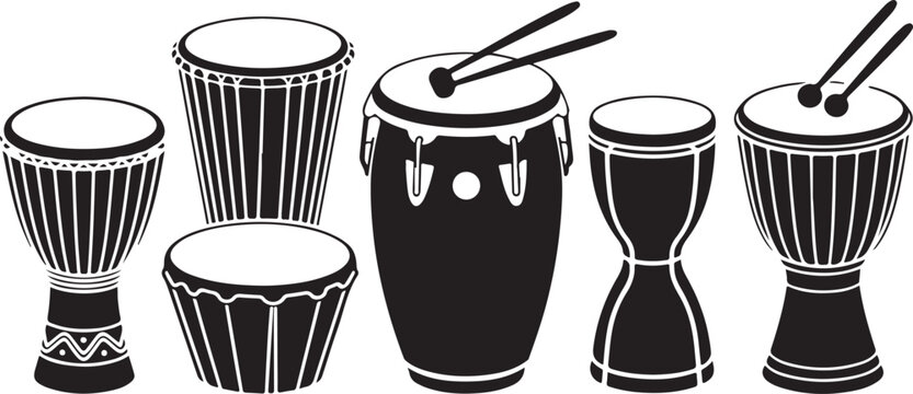 Various drums congas djembe bongos and sticks for rhythm and percussion music.
