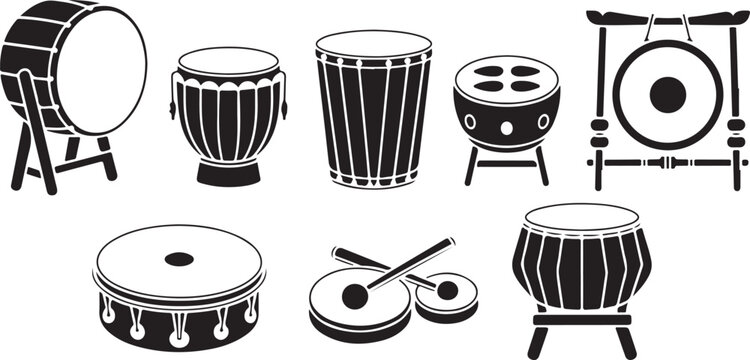 Assorted drums including frame drum gong and tabla for traditional and folk music.