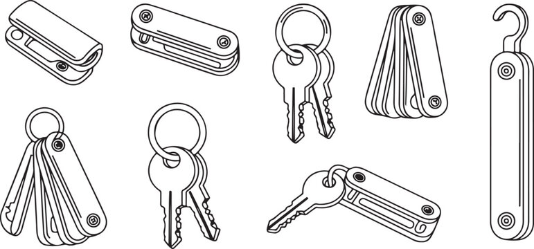 Collection of different keys and keychains on a transparent background, key rings and tools.