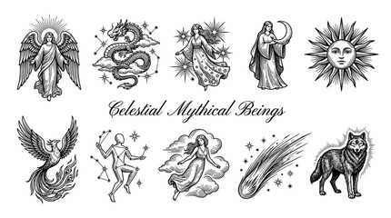 Obraz premium Celestial Mythical Beings Vector Illustration Set featuring Angel, Dragon, Phoenix, Sun, Moon Goddess, and Wolf in Vintage Engraving Style