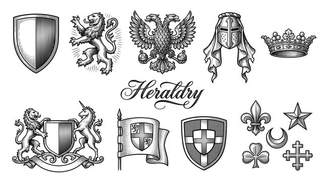 Vintage Heraldry Design Elements Set with Shields, Lion Rampant, Double Headed Eagle, Crown, and Knight Helmet - Medieval Coat of Arms Vector Illustration