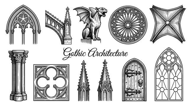 Gothic Architecture Elements Set, Engraving Style Vector Illustration of Cathedral Details Including Arches, Gargoyle, Rose Window, Columns, Spires, and Ornamental Tracery.