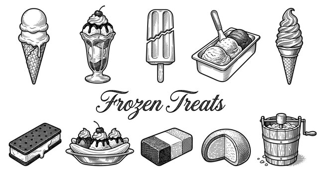 Vintage Engraving Style Vector Illustration Set of Frozen Treats Including Ice Cream Cones, Sundae, Popsicle, Ice Cream Sandwich, and Banana Split in Black and White Line Art