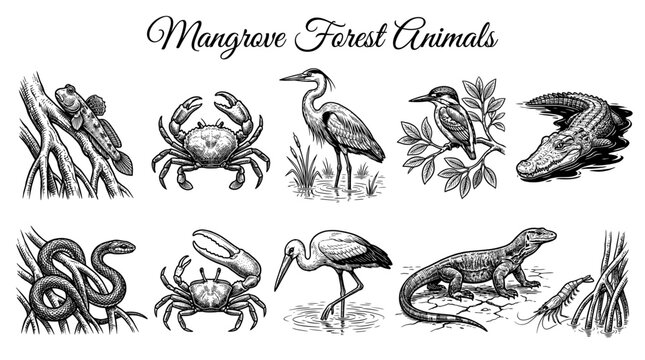 Mangrove Forest Animals Vintage Engraving Set Featuring Crocodile, Heron, Snake, Kingfisher, Crabs, Mudskipper, and Komodo Dragon in Detailed Hand Drawn Vector Style