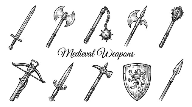 Vintage Hand Drawn Medieval Weapons and Armor Set Vector Engraving Illustration Featuring Sword Axe Shield Spear Mace and Crossbow