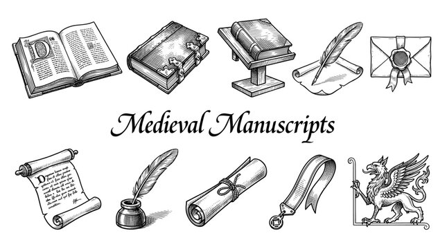Vintage Medieval Manuscript Vector Set with Old Books, Scrolls, Quills, and Inkwell. Hand Drawn Engraving Style Illustration for History and Literature Design.