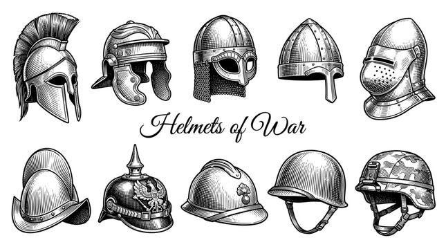 Collection of Historical and Modern Military Helmets, Hand-Drawn Warrior Headgear Vector Illustration in Engraving Style