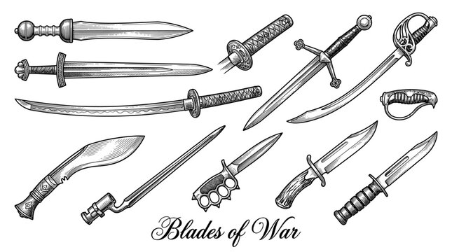 Vintage Vector Collection of Historical and Modern Swords and Knives, Blades of War Hand Drawn Engraving Style Illustration