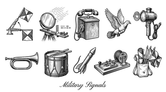 Vintage Military Signals and Communication Equipment Illustration Set. Detailed engraving sketches of semaphore flags, heliograph, telegraph, carrier pigeon, and field telephone.