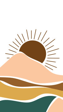Boho Mountain Landscape Sun Vector Abstract Desert Hills Waves Minimalist Contemporary Poster