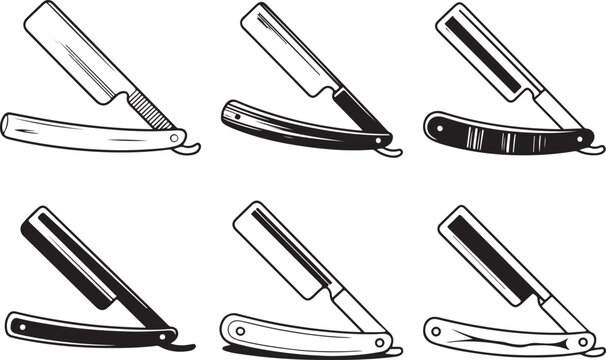 Collection of straight razor icons for barber shop branding showing different handle styles and blade mechanics in black finish.