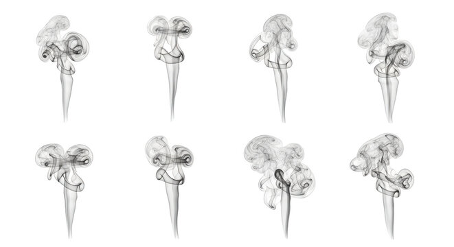 eight wispy plumes of smoke rising upwards against a white backdrop for a visual effect or background