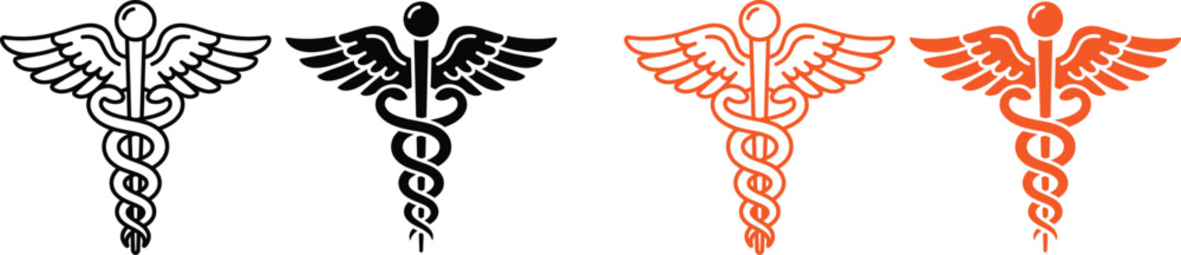Set of four caduceus medical symbols in black and orange