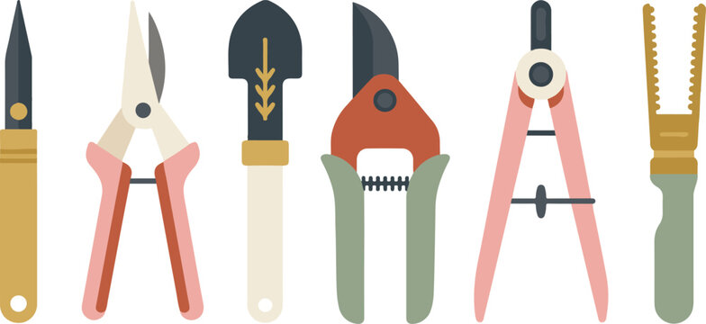 Garden maintenance kit with metal tools including pruning shears trowel and divider for professional landscaping yard work.
