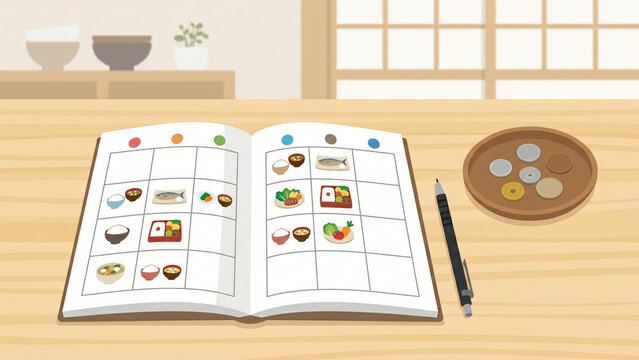Educational Japanese cuisine learning activity with food matching game and wooden table setting