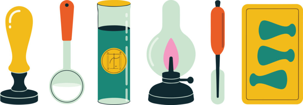 Stationery supplies and desktop accessories comprising wax seal stamper scoop oil container and small lamp for craft project.