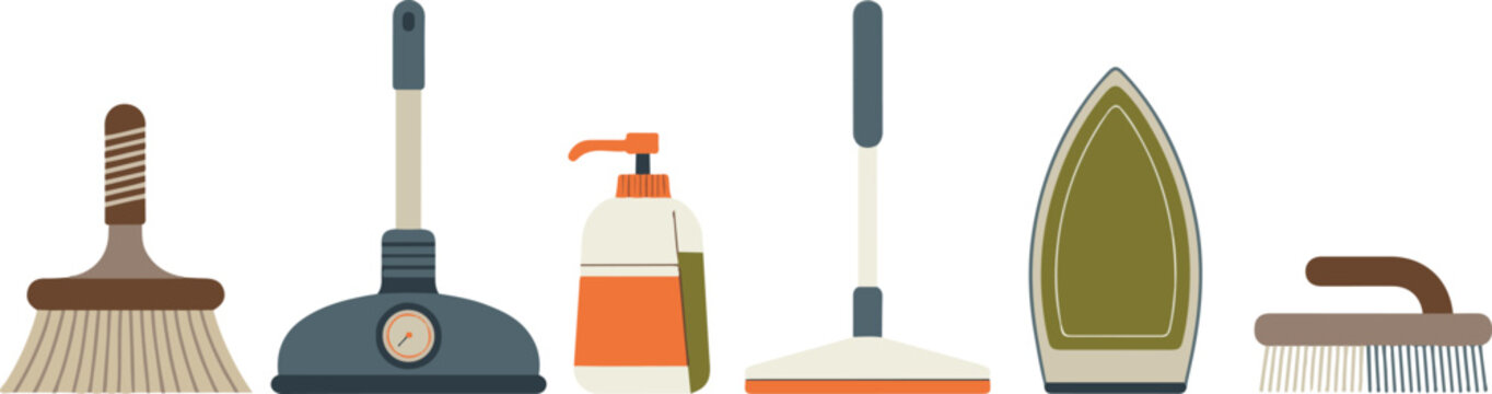Set of various home cleaning tools featuring floor mop broom spray bottle iron and scrubbing brush on transparent background.