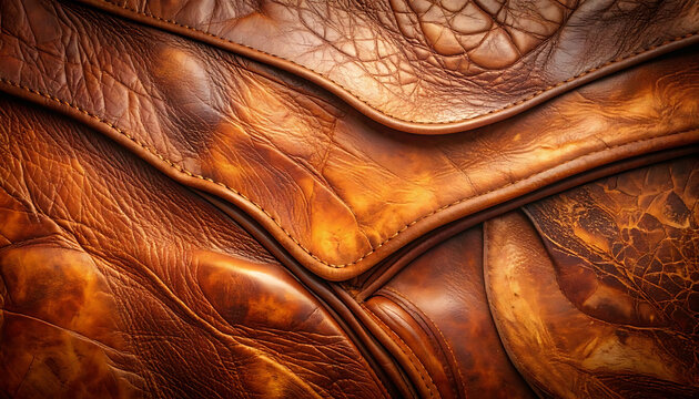 Close up of aged brown leather texture with stitching and patterns, rustic vintage background for luxury goods