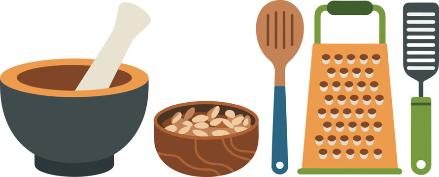 Kitchen preparation set including mortar pestle wooden bowl mixing spoon metal grater and slotted turner on transparent background.