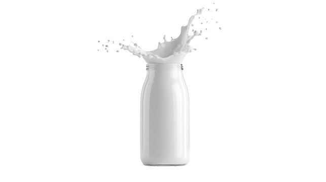 Milk pouring from a glass bottle isolated on a transparent background