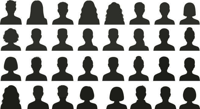 Set of diverse anonymous user profile avatar icons with different hairstyles isolated on white background