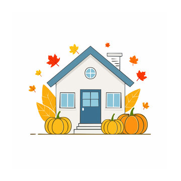 Flat design autumn house with pumpkins and leaves