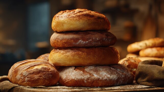 assortment of breads stacked together including baguette, sourdough and round rustic bread, kitchen background softly blurred, ultra realistic canon camera shot, 8k