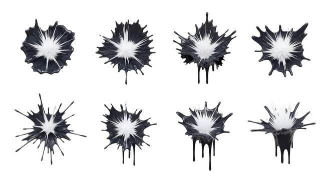 eight artistic splatters of black liquid exploding with white on a plain white backdrop design concepts