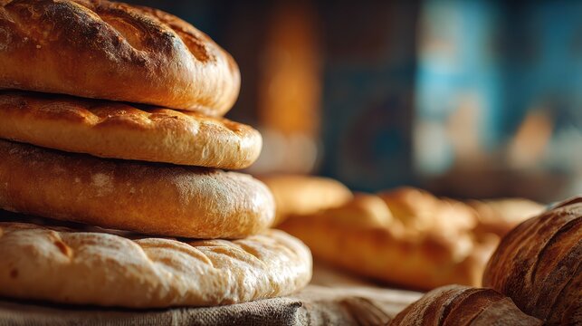 mixed traditional breads stacked together, Uzbek non bread and European artisan bread varieties, blurred kitchen background, cinematic food photography