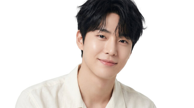 Young Asian man with k-drama inspired look, smooth skin and gentle smile, isolated on white background, realistic studio portrait.