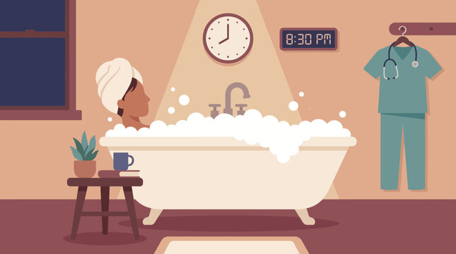 Nurse Practicing Self Care with Bubble Bath After Long Shift