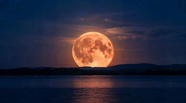 Full moon rising over calm water at twilight, concept of strawberry moon  