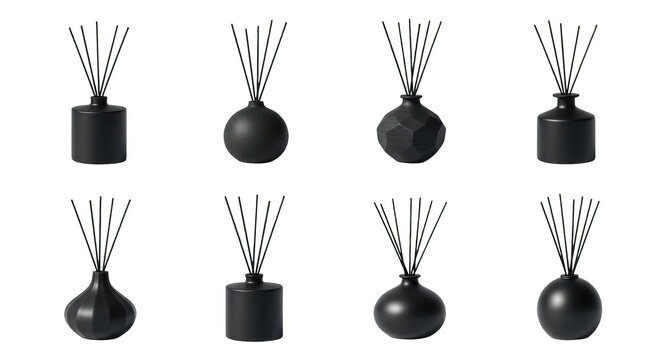 eight various black aromatherapy reed diffusers isolated on white background home fragrance advertising product