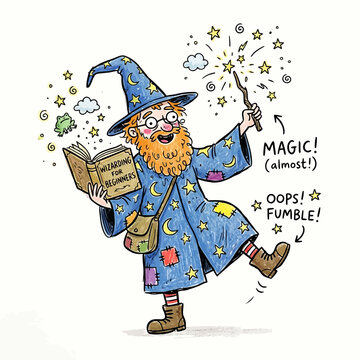 Beginner wizard fumbling magic spell with book and wand illustration.