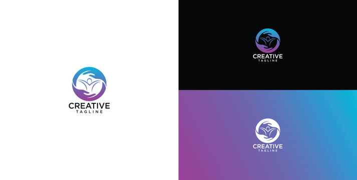 Abstract circular hands logo with central human figure for community support, charity foundation and social care unity