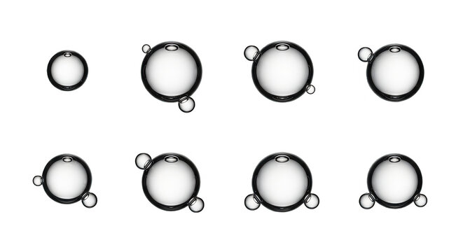 close-up of eight round clear bubbles on a white background abstract or science concepts possible use educational materials