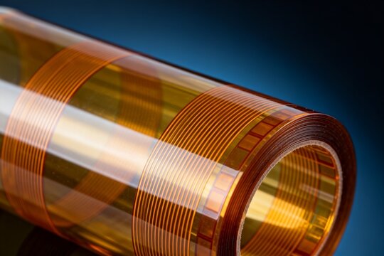 Roll of transparent material with orange lines