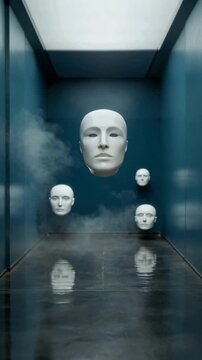 Floating White Theater Masks in Dark Room for Identity Anonymity and Hidden Emotion Concept