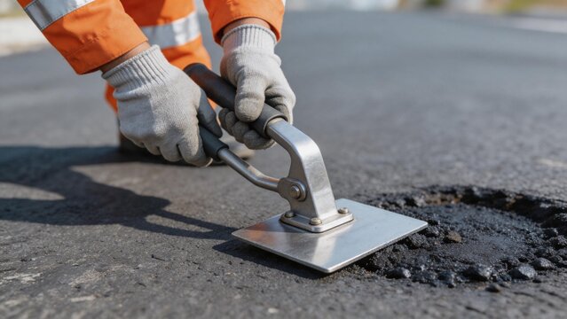 Worker repairing road with tool