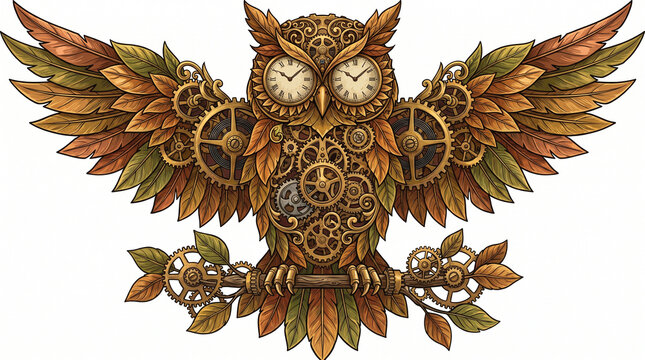 Steampunk owl, mechanical bird, copper gears, fantasy creature