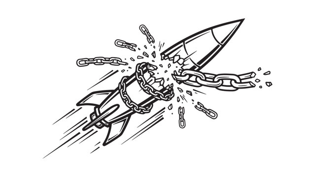 Broken rocket exploding through chain barrier symbolizing disruption, freedom, breakthrough, and escape from restrictions