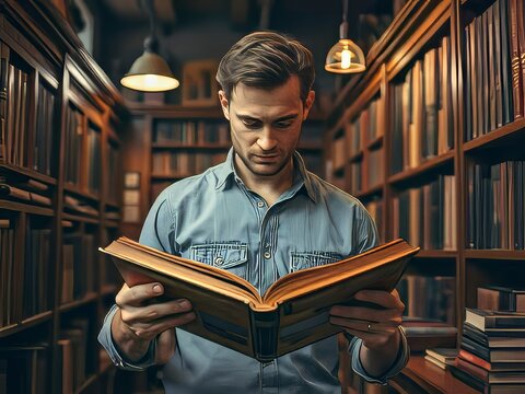 Man reading book in library.