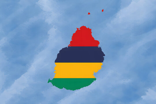 Mauritius map with national flag colors on watercolor background