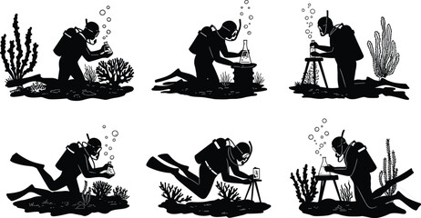 Underwater scuba diver scientist researching ocean life, marine biologist collecting samples, sea exploration, coral reef study, black silhouette vector illustration design © ZAHID CREATIVE