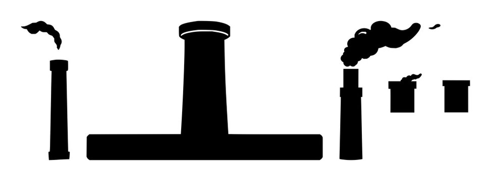 Solid black icon, white background: chimney icon set with simple line art design featuring outline, illustration, graphic elements with clean design and vector art