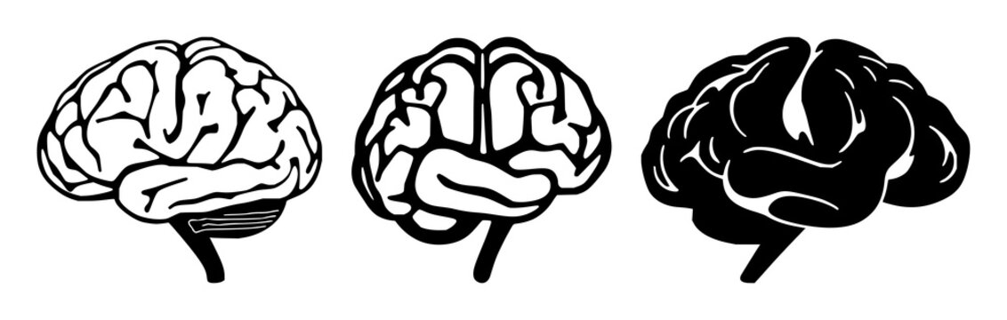 Solid black icon, white background: neurology brain synapse icon set with simple line art design featuring line art, illustrations, graphic resources with vector and design elements
